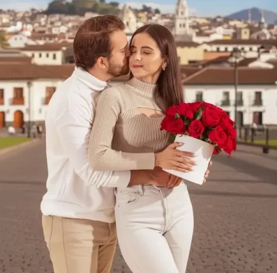 flores-a-domicilio-quito pareja en Quito con un arreglo de rosas rojas
